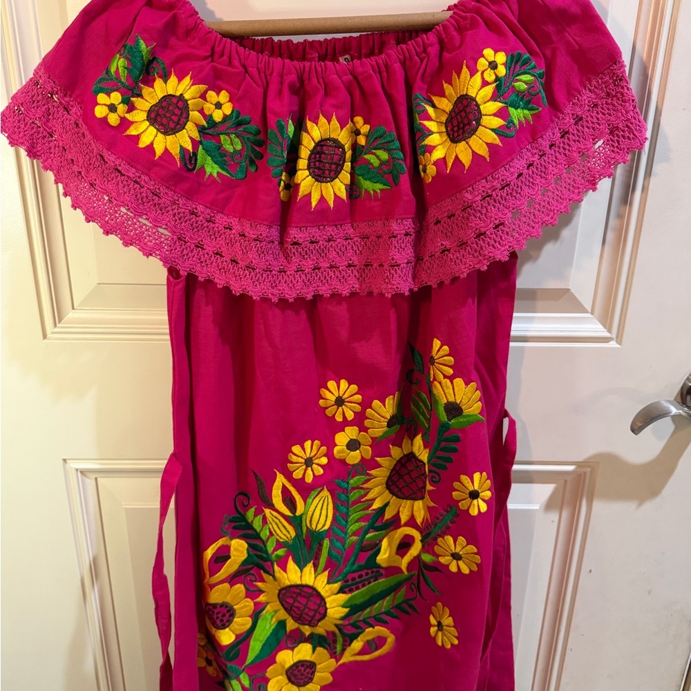 Pink Sunflower Mexican Embroidered  Dress Size Large But fits like a Medium